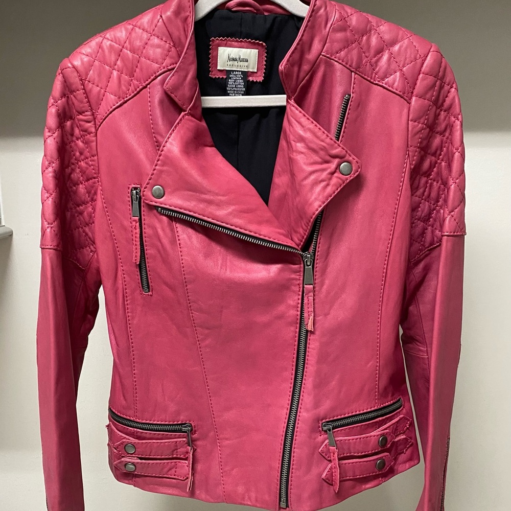 Neiman Marcus Pink Leather Moto Jacket